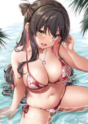 Rule 34 | 1girl, alternate costume, bare arms, bare legs, bare shoulders, bikini, black hair, blush, breasts, cleavage, collarbone, ebifurya, fang, halterneck, highres, jewelry, kantai collection, large breasts, long hair, multicolored hair, naganami (kancolle), navel, necklace, open mouth, pink hair, red bikini, ring, ring necklace, side-tie bikini bottom, skindentation, solo, swimsuit, thighs, wavy hair, yellow eyes