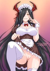Rule 34 | 1girl, alternate costume, apron, artist name, azur lane, black hair, breasts, burbur, character name, cleft of venus, clothes lift, commentary, dress, english commentary, friedrich der grosse (azur lane), from below, hair ornament, hair over one eye, hand to own mouth, horn ornament, horns, lifting own clothes, lips, long hair, looking at viewer, looking down, maid, maid apron, maid headdress, mechanical horns, no panties, panties, pantyshot, red horns, ribbon, skirt, skirt lift, smile, standing, thighhighs, underwear, upskirt, waist apron, watermark, white apron, white thighhighs, yellow eyes