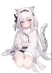 Rule 34 | 1girl, animal ear fluff, animal ears, blue eyes, blush, closed mouth, fur trim, hairband, hakua aa, leopard ears, leopard tail, long hair, long sleeves, looking at viewer, original, simple background, sitting, skirt, solo, tail, thighhighs, very long hair, white background, white hair, white skirt, white thighhighs