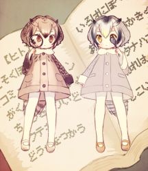 Rule 34 | 2girls, :|, animal print, arm at side, bird print, bird tail, book, brown coat, brown eyes, brown footwear, brown hair, buttons, closed mouth, coat, eurasian eagle owl (kemono friends), expressionless, full body, fur collar, grey coat, grey hair, hair between eyes, hand up, holding, holding magnifying glass, holding spoon, kemono friends, legs apart, light brown hair, long sleeves, looking at viewer, magnifying glass, mary janes, multicolored hair, multiple girls, no nose, northern white-faced owl (kemono friends), open book, owl ears, pantyhose, pocket, shoes, short hair, sleeve cuffs, spoon, standing, straight-on, striped tail, tail, translation request, white footwear, white legwear, yujup