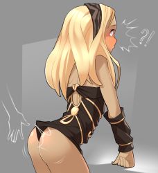 Rule 34 | 1girl, arm support, ass, black scarf, blonde hair, blush, breasts, commentary, cowboy shot, dark-skinned female, dark skin, english commentary, flat chest, forehead, from behind, gravity daze, grey background, hairband, kitten (gravity daze), leotard, long hair, looking to the side, medium breasts, nickleflick, scarf, sidelocks, simple background, solo, spanked, strapless, surprised, vambraces