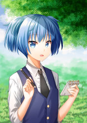 Rule 34 | 1boy, :d, absurdres, ansatsu kyoushitsu, aro 1801, black necktie, blue eyes, blue hair, blush, collared shirt, commentary request, day, grass, hands up, highres, holding, holding notebook, holding pencil, kunugigaoka middle school uniform, long sleeves, looking at viewer, male focus, necktie, notebook, open mouth, outdoors, pencil, school uniform, shiota nagisa, shirt, short hair, short twintails, smile, solo, trap, twintails, two side up, upper body, white shirt, wing collar