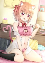 Rule 34 | 1girl, animal ear fluff, animal ears, bag, bed, bed sheet, black thighhighs, blonde hair, blouse, blush, bow, bow choker, bra, bra pull, cat day, cat ears, cat girl, cat lingerie, cleavage cutout, clothes lift, clothes pull, clothing cutout, hair bow, hair ornament, heart, heart tail, highres, indoors, kamesys, kneehighs, looking at viewer, meme attire, moe2021, navel, open clothes, open mouth, open shirt, original, panties, pillow, pink panties, pull, red bow, red eyes, seiza, shirt, shirt lift, sitting, smile, socks, solo, tail, thighhighs, underwear