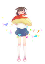 Rule 34 | 1girl, apple, bandaid, bandaid on knee, bandaid on leg, blue skirt, blush, brown shirt, rabbit hair ornament, commentary request, eating, closed eyes, food, fruit, hair ornament, highres, holding, holding food, ichigo-chan, kneehighs, long sleeves, nibbling, original, oversized object, pink footwear, pleated skirt, shirt, shoes, short hair, simple background, skirt, sneakers, socks, solo, squinting, triangle, twintails, white background, white socks, white shirt