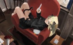 Rule 34 | 1girl, animal ears, bare legs, black panties, blonde hair, bottomless, bouquet, buttons, cat ears, cat tail, chair, couch, flower, green eyes, heinrike prinzessin zu sayn-wittgenstein, hirschgeweih antennas, indoors, long hair, long sleeves, lying, military, military uniform, no pants, noble witches, oftaj, on back, panties, red upholstery, solo, strike witches, table, tail, underwear, uniform, world witches series