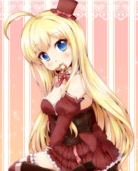 Rule 34 | 10s, 1girl, ahoge, bad id, bad pixiv id, bare shoulders, blonde hair, blue eyes, blush, breasts, chocolat (noucome), cleavage, detached collar, detached sleeves, food, frilled skirt, frilled thighhighs, frills, hat, kaina, long hair, looking at viewer, medium breasts, mouth hold, ore no nounai sentakushi ga gakuen love-comedy wo zenryoku de jama shiteiru, pretzel, sitting, skirt, solo, striped clothes, striped thighhighs, thighhighs, wariza