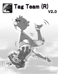 Rule 34 | 1girl, angry birds, armor, assisted exposure, bird, blush, carrying, comic, forehead protector, gameplay mechanics, greyscale, league of legends, monochrome, oldlim, panties, quinn (league of legends), short hair, underwear, valor (league of legends)