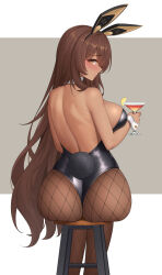 Rule 34 | 1girl, animal ears, ass, back, backless leotard, bare arms, bare shoulders, black leotard, blush, brown hair, closed mouth, dark-skinned female, dark skin, detached collar, drink, fake animal ears, feet out of frame, fishnet pantyhose, fishnets, from behind, goddess of victory: nikke, highres, holding, holding drink, leotard, long hair, looking at viewer, looking back, noir (nikke), pantyhose, playboy bunny, rabbit ears, simple background, sitting, smile, solo, wei xiao, yellow eyes