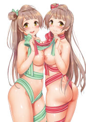 Rule 34 | 10s, 1girl, 2girls, ass, between buttocks, blush, bow, bowtie, breast press, brown hair, butt crack, clone, hair bow, kitiroku, long hair, looking at viewer, love live!, love live! school idol project, minami kotori, multiple girls, naked ribbon, navel, nipples, one side up, ribbon, simple background, smile, symmetrical docking, white background, yellow eyes