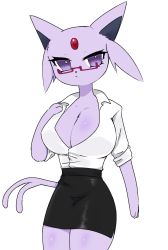 Rule 34 | 1girl, animal ears, animal hands, animal nose, arm at side, black skirt, blouse, body fur, breasts, cleavage, collared shirt, cowboy shot, creatures (company), espeon, female focus, forehead jewel, forked tail, furry, furry female, game freak, gem, gen 2 pokemon, glasses, hand on own chest, hand up, large breasts, legs together, looking at viewer, miniskirt, nintendo, osenchurii, pencil skirt, personification, pince-nez, pokemon, pokemon (creature), purple eyes, purple fur, red-framed eyewear, red gemstone, semi-rimless eyewear, shirt, shirt tucked in, side slit, simple background, skirt, sleeves rolled up, solo, standing, tail, white background, white shirt