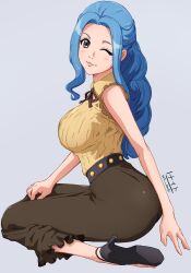 Rule 34 | 1girl, absurdres, artist name, bare arms, black footwear, black ribbon, blue hair, breasts, brown eyes, brown skirt, closed mouth, from side, grey background, hair intakes, head tilt, high heels, highres, large breasts, long hair, long skirt, looking at viewer, neck ribbon, nefertari vivi, nightstark, one eye closed, one piece, ribbon, shirt, simple background, sitting, skirt, sleeveless, sleeveless shirt, smile, solo, yellow shirt