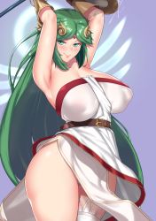 Rule 34 | 1girl, armpits, arms up, aster crowley, bare shoulders, belt, blush, breasts, buckler, cleavage, covered erect nipples, dress, green eyes, green hair, halo, highres, huge breasts, kid icarus, kid icarus uprising, long hair, looking at viewer, nintendo, palutena, parted bangs, pelvic curtain, sash, shield, smile, solo, staff, thighhighs, tiara, very long hair, white dress