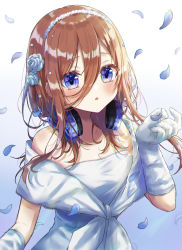 Rule 34 | 1girl, :o, absurdres, bare shoulders, blue background, blue eyes, blush, brown hair, collarbone, commentary, dress, eyelashes, falling petals, floating hair, flower, gloves, go-toubun no hanayome, gradient background, hair between eyes, hair flower, hair ornament, hairband, hand up, headphones, headphones around neck, highres, lace, lace-trimmed gloves, lace trim, long bangs, long hair, looking at viewer, nakano miku, off-shoulder dress, off shoulder, parted lips, petals, rose, shinzousan, sidelocks, solo, upper body, white background, white dress, white flower, white gloves, white rose