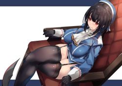 Rule 34 | 1girl, armchair, ascot, black gloves, black thighhighs, blue hat, breasts, chair, closed mouth, crossed legs, endou (zettai bluenoid), from above, garter straps, gloves, hat, highres, jacket, kantai collection, large breasts, long sleeves, military, military hat, military jacket, military uniform, red eyes, rudder footwear, simple background, sitting, smile, solo, takao (kancolle), thighhighs, uniform, white ascot