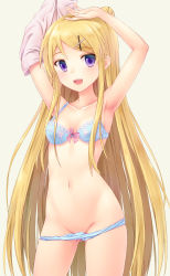Rule 34 | 10s, 1girl, :d, armpits, arms up, blonde hair, blue bra, blue panties, blush, bow, bow bra, bow panties, bra, breasts, collarbone, contrapposto, cowboy shot, female focus, floral print, groin, hair ornament, hairclip, highres, kin-iro mosaic, kujou karen, long hair, looking at viewer, n.g., navel, open mouth, panties, panty pull, purple eyes, shirt, simple background, small breasts, smile, solo, standing, stomach, underwear, underwear only, undressing, very long hair, white background, x hair ornament