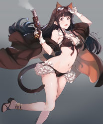 Rule 34 | 1girl, adjusting goggles, animal ears, anklet, bare shoulders, bikini, black hair, blush, brown eyes, cat ears, cat tail, commentary request, frilled bikini, frills, goggles, goggles on head, granblue fantasy, groin, gun, handgun, highres, holding, holding gun, holding weapon, jacket, jessica (granblue fantasy), jewelry, kagetomo midori, long hair, navel, open mouth, pistol, sandals, simple background, smoke trail, solo, swimsuit, tail, weapon