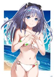 Rule 34 | 1girl, absurdres, beach, bikini, black bow, blue eyes, blue sky, bow, bow hairband, breasts, cloud, collarbone, cowboy shot, day, feathermage, front-tie bikini top, front-tie top, hairband, highres, horizon, large breasts, long hair, looking at viewer, misora (princess connect!), misora (summer) (princess connect!), ocean, outdoors, princess connect!, purple hair, side-tie bikini bottom, sky, smile, solo, swimsuit, white bikini