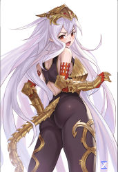 Rule 34 | 1girl, absurdres, armor, ass, back, bare shoulders, blush, breastplate, brown eyes, cameltoe, fang, gold armor, hair between eyes, hand on own hip, headgear, highres, lan xiezi, long hair, looking back, medusa (shingeki no bahamut), open mouth, pointy ears, shingeki no bahamut, signature, simple background, slit pupils, solo, tail, tight clothes, tongue, vambraces, very long hair, white background, white hair
