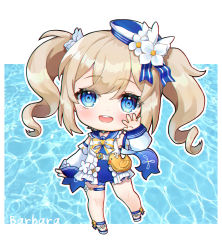 Rule 34 | 1girl, :d, bag, barbara (genshin impact), barbara (summertime sparkle) (genshin impact), blue eyes, blue one-piece swimsuit, character name, chibi, choker, commentary request, detached sleeves, drill hair, duck print, eyes visible through hair, genshin impact, hair between eyes, handbag, hat, highres, hue oo, light brown hair, long hair, looking at viewer, one-piece swimsuit, open mouth, sidelocks, smile, solo, swimsuit, twin drills, twintails