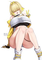Rule 34 | 1girl, :d, ahoge, black gloves, black sports bra, blonde hair, blush, breasts, clothing cutout, crop top, cropped sweater, elegg (nikke), exposed pocket, gloves, goddess of victory: nikke, grey shorts, hair intakes, hair over eyes, highres, large breasts, long bangs, long sleeves, micro shorts, multicolored clothes, multicolored gloves, multicolored hair, open mouth, short hair, shorts, shoulder cutout, sitting, smile, socks, solo, sports bra, suspender shorts, suspenders, thigh strap, thighs, two-tone hair, v, yamamori kinako, yellow gloves