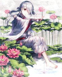 Rule 34 | 1boy, androgynous, barefoot, bridal gauntlets, bug, check translation, commentary, cotton ball, detached sleeves, flower, full body, hair over one eye, japanese clothes, kimono, kuga huna, lily pad, long hair, looking at hand, male focus, obi, original, pink flower, pool, red eyes, sash, shallow water, silver hair, sitting, soaking feet, spider, translation request, water, white kimono, wind