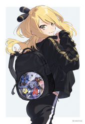 Rule 34 | 1girl, absurdres, aged down, artist name, ass, backpack, bag, black bag, black jacket, black pants, blonde hair, border, closed mouth, cowboy shot, creatures (company), cynthia (pokemon), floating hair, from behind, game freak, garchomp, gastrodon, gen 4 pokemon, grey eyes, hair ornament, highres, jacket, long hair, looking at viewer, looking back, lucario, midriff peek, nintendo, pants, pokemon, pokemon (creature), pokemon dppt, solo, stuffed toy, togekiss, track jacket, track pants, white border, xia (ryugo), zipper pull tab