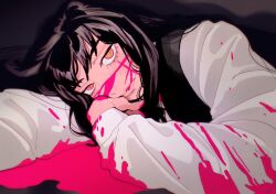 Rule 34 | 1girl, black hair, blood, blood on clothes, blood on face, chainsaw man, dark background, head rest, head tilt, long hair, looking at viewer, pink blood, ringed eyes, scar, scar on face, solo, ten ten 10 10, yellow eyes, yoru (chainsaw man)