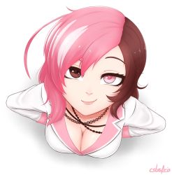 Rule 34 | 1girl, artist name, breasts, brown eyes, cleavage, cslucaris, downblouse, from above, hands on own hips, heterochromia, jewelry, looking at viewer, looking up, medium breasts, multicolored hair, necklace, neo politan, pink eyes, raised eyebrow, rwby, simple background, smile, smirk, solo, split-color hair, white background