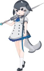 Rule 34 | 1girl, blue eyes, cetacean tail, dolphin girl, dress, fins, fish tail, grey hair, kemono friends, kemono friends 3, long hair, looking at viewer, narwhal (kemono friends), official art, open mouth, polearm, ribbon, sailor collar, sailor dress, shoes, socks, solo, spear, tachi-e, tail, transparent background, weapon, yoshizaki mine (style)