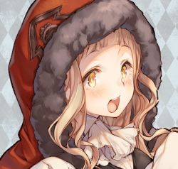 Rule 34 | 1girl, argyle, argyle background, argyle clothes, blonde hair, blunt bangs, blush, fur trim, hood, hood up, long hair, looking away, open mouth, red hood, red riding hood (sinoalice), sinoalice, solo, source request, teeth, teroru, upper body, upper teeth only, wavy hair, yellow eyes