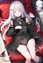 Rule 34 | 1girl, absurdres, ai-assisted, asumi sena, black choker, black dress, blush, choker, closed eyes, commentary request, corset, demon girl, demon tail, dress, ear piercing, grey hair, hair ornament, handcuffs removed, heart, heart choker, highres, long hair, long sleeves, lying, multicolored hair, on back, parted lips, piercing, pill, pillow, pink hair, puffy long sleeves, puffy sleeves, see-through, see-through sleeves, short dress, solo, streaked hair, sugiki, tail, thighhighs, virtual youtuber, vspo!, white thighhighs