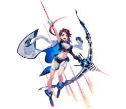 Rule 34 | 1girl, arm up, armpits, arrow (projectile), bow (weapon), breasts, brown hair, cleavage, coat, command killers (phantom of the kill), gauntlets, highres, huge weapon, hyoha (phantom of the kill), jacket, jacket on shoulders, looking at viewer, medium breasts, midriff, miniskirt, multicolored hair, official art, open mouth, phantom of the kill, red hair, short hair, single gauntlet, skirt, smile, solo, transparent background, two-tone hair, weapon, yellow eyes