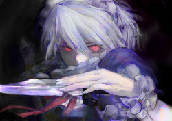 Rule 34 | 1girl, bow, braid, female focus, glowing, glowing eyes, highres, holding, holding knife, hrd-n, izayoi sakuya, knife, looking at viewer, maid, maid headdress, nail polish, red eyes, ribbon, silver hair, sketch, slit pupils, solo, touhou, twin braids, weapon, wrist cuffs