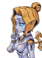 Rule 34 | 1girl, blonde hair, breasts, colored sclera, doll joints, from side, green sclera, hair bun, hand up, humanoid robot, joints, league of legends, medium breasts, orianna (league of legends), phantom ix row, robot, simple background, single hair bun, solo, tagme, upper body, white background, winding key