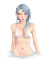 Rule 34 | 1girl, asymmetrical hair, bikini, breasts, brown eyes, cleavage, collarbone, earrings, grey hair, highres, jewelry, looking at viewer, miura-n315, navel, niijima sae, parted lips, partially submerged, persona, persona 5, ripples, simple background, small breasts, solo, stomach, swimsuit, upper body, water, white background, white bikini