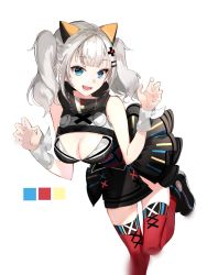Rule 34 | 1girl, :d, animal ears, blue eyes, blunt bangs, boots, breasts, cat ears, claw pose, cleavage, cleavage cutout, clothing cutout, color guide, d-pad, d-pad hair ornament, dress, fake animal ears, grey hair, hair ornament, hairpin, highres, kaguya luna, large breasts, looking at viewer, naru (ul), obi, open mouth, red thighhighs, sash, simple background, sleeveless, smile, solo, standing, standing on one leg, the moon studio, thighhighs, twintails, virtual youtuber, white background, wrist cuffs