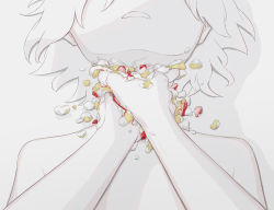 Rule 34 | 2others, absurdres, asphyxiation, avogado6, cake, commentary, cream, english commentary, food, highres, lying, meme, multiple others, nude, on back, open mouth, original, pov, shadow, short hair, simple background, strangling, strawberry shortcake, upper body, white background, white hair
