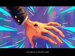 Rule 34 | 1boy, absurdres, bug, buttoned cuffs, buttons, commentary, english commentary, english text, fingernails, highres, kageyama ritsu, letterboxed, marvel, mob psycho 100, out of frame, solo, spider, spider-man: into the spider-verse, spider-man (series), spider-verse, spideyuri, subtitled