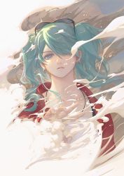 Rule 34 | 1girl, aqua eyes, aqua hair, barbara (y01251214), commentary request, earrings, eyewear on head, graphite (medium), hatsune miku, jacket, jewelry, long hair, looking at viewer, necklace, open clothes, open jacket, outstretched hand, red jacket, smoke, solo, suna no wakusei (vocaloid), sunglasses, traditional media, twintails, vocaloid