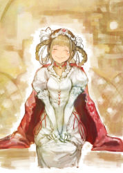 Rule 34 | 10s, 1girl, blonde hair, blush, braid, choker, crying, dress, elbow gloves, gloves, gradient background, granblue fantasy, heart, highres, juliet (granblue fantasy), long sleeves, n9+, puffy long sleeves, puffy sleeves, smile, solo, streaming tears, tears, tiara, twin braids, wavy mouth, white dress, white gloves