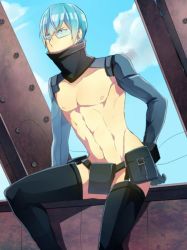 Rule 34 | 10s, 1boy, blue hair, ebippoid, glasses, highres, inumuta houka, kill la kill, looking away, male focus, muscular, outdoors, sitting, solo