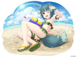 Rule 34 | &gt;;d, 1girl, ;d, animal ears, arm up, armpits, bare shoulders, beach, bead necklace, beads, bikini, bikini skirt, blue hair, blue sky, blunt bangs, camouflage, camouflage bikini, cloud, cloudy sky, company name, day, dog ears, dog girl, dog tail, feet, flat chest, flip-flops, full body, green bikini, holding, holster, horizon, jewelry, looking at viewer, lying, mint (monmusume-harem), monmusu harem, monmusume-harem, motion blur, namaru (summer dandy), necklace, ocean, official art, on side, one eye closed, open mouth, orange eyes, outdoors, pale skin, rainbow, sandals, short hair, sky, smile, solo, sparkle, strapless, strapless bikini, sun, swimsuit, tail, thigh holster, toes, v-shaped eyebrows, water gun, wet, wet clothes, wet hair, white background, wristband