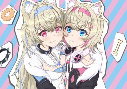 Rule 34 | 2girls, :3, animal ear fluff, animal ears, artist request, asymmetrical docking, bandaid, bandaid hair ornament, belt, belt collar, black collar, blonde hair, blue brooch, blue eyes, blue hair, blush, bone, breast press, breasts, cleavage, closed mouth, collar, collarbone, cropped shirt, crystal horns, dog ears, dog girl, flat chest, food, fur-trimmed jacket, fur trim, fuwawa abyssgard, fuwawa abyssgard (1st costume), hair ornament, headband, headphones, headphones around neck, highres, holoadvent, hololive, hololive english, jacket, long hair, medium breasts, mococo abyssgard, mococo abyssgard (1st costume), multiple girls, pink belt, pink brooch, pink headband, siblings, sisters, twins, virtual youtuber