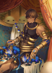 Rule 34 | 1boy, ahoge, bare shoulders, brown hair, couch, covered abs, covered navel, cowboy shot, dark-skinned male, dark skin, darkavey, earrings, fate/grand order, fate (series), headpat, highres, jewelry, male focus, medjed (fate), open mouth, ozymandias (fate), pectorals, revealing clothes, sitting, sleeveless, smile, solo, tiger, upper body, vambraces, yellow eyes