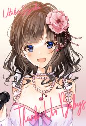 Rule 34 | 1girl, :d, artist name, bare shoulders, black hair, blue eyes, blush, breasts, brown background, cleavage, commentary request, commission, dress, eighth note, flower, glint, gradient background, hair flower, hair ornament, highres, holding, holding microphone, jewelry, large breasts, long hair, looking at viewer, microphone, musical note, myusha, necklace, nijisanji, open mouth, pearl necklace, pink flower, sleeveless, sleeveless dress, smile, solo, suzuka utako, thank you, upper body, virtual youtuber, white dress, wrist cuffs