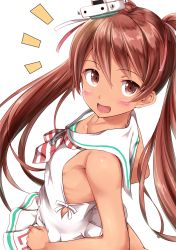 Rule 34 | 10s, 1girl, :d, blush, dark-skinned female, dark skin, hat, highres, ichikawa feesu, kantai collection, libeccio (kancolle), long hair, open mouth, red eyes, red hair, simple background, sleeveless, smile, solo, twintails, white background