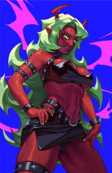 Rule 34 | 1girl, armlet, bracelet, breasts, cleavage, colored skin, demon girl, fang, female focus, green hair, hand on own hip, highres, horns, jewelry, large breasts, long hair, looking at viewer, nail polish, navel, panties, panty &amp; stocking with garterbelt, pantyshot, pointy ears, red skin, rim jims, scanty (psg), slit pupils, solo, thick thighs, thighs, underwear, upskirt, yellow eyes