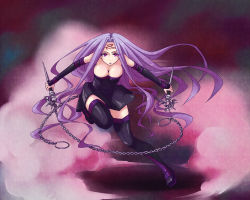Rule 34 | 1girl, breasts, bridal gauntlets, chain, cleavage, facial mark, fate/stay night, fate (series), fog, forehead mark, long hair, looking at viewer, medusa (fate), medusa (rider) (fate), nameless dagger (fate), open mouth, purple eyes, purple hair, skirt, solo, thighhighs, weapon, yoshida (marigan12), zettai ryouiki