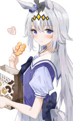 Rule 34 | 1girl, :t, ahoge, animal ears, bag, blue eyes, blush, bow, bowtie, breasts, clothing cutout, doughnut, eating, food, grey hair, heart, holding, holding bag, holding food, horse ears, long hair, looking at viewer, looking to the side, multicolored hair, ninjin nouka, oguri cap (umamusume), paper bag, pon de ring, purple shirt, sailor collar, school uniform, shirt, short sleeves, skirt, small breasts, solo, tail, tail through clothes, tracen school uniform, two-tone hair, umamusume, upper body, white skirt