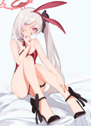 Rule 34 | 1girl, animal ears, beijuu, black footwear, blue archive, closed mouth, fake animal ears, grey hair, hair ornament, halo, high heels, highres, leotard, licking lips, long hair, looking at viewer, mutsuki (blue archive), playboy bunny, purple eyes, rabbit ears, red leotard, side ponytail, simple background, sitting, smile, solo, thigh strap, tongue, tongue out, white background